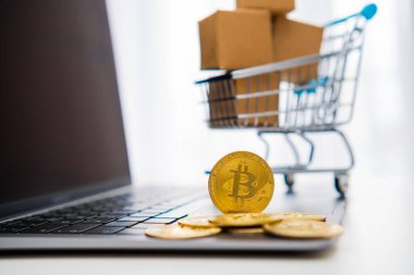 Bitcoin paralar ve arka planda karton kutular bulunan mini oyuncak alışveriş arabası madencilik ve web bankacılığı kavramını tamamlıyor. 