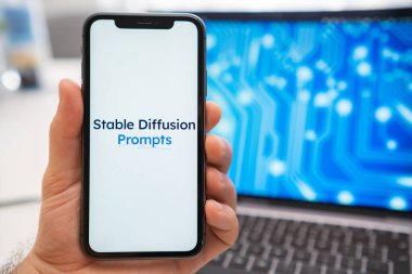 Sinirsel bir ağ ve yapay zeka logosu var. Stabil Difüzyon iticileri. Mart 2023, Prag, Çek Cumhuriyeti 