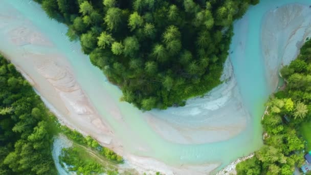 风景秀丽的皮亚夫河转弯 清澈的蓝水冲刷着被绿树环绕的白色沙滩 意大利阿尔卑斯山空中景观中的野性与自然 — 图库视频影像