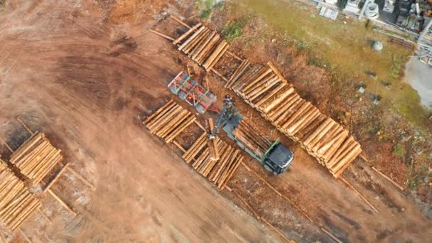 专业的机器把木箱堆放在工厂院子里排成一排 在靠近森林鸟瞰的农村锯木厂操作重型装载机 — 图库视频影像
