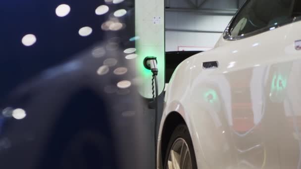 布拉格 2022年11月12日 2022年11月12日 白色电动车 在生态友好的车站配备清洁的替代能源 插头连接充电块的车辆 — 图库视频影像