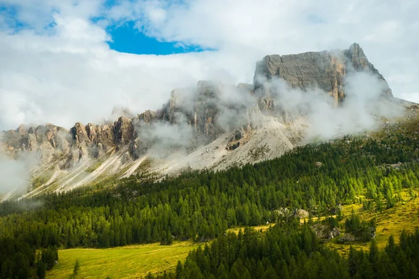 山麓の森とともに高い峰が雲の中に消えていくロッキードロマイトアルプスの絶景 — ストック写真