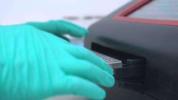 Scientist Uses Microplate Photometers Performing Biological Chemical Analysis Samples Microtiter — Stock Video