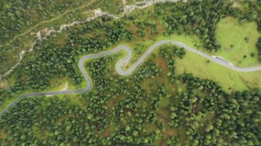 Giau Geçidi 'nin çayırlarında turistler için ünlü gezici yılan yolu. Arabalar Yılan Yolu 'nda Giau Geçidi hava manzaralı ormanlarla çevrili.