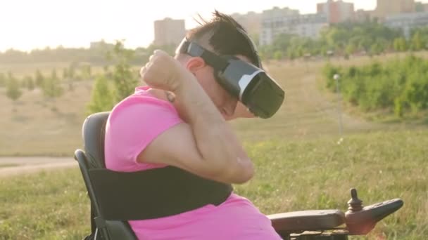 更新プログラムで仮想メガネをテストする車椅子のゲイビジネスマン 同性愛者の男は日光明かりの牧場でVrゲームをすることを楽しんでいます — ストック動画