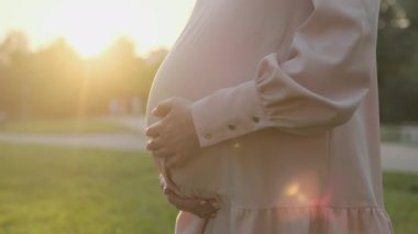 Müstakbel anne, ağaçlarla çevrili Park Bulvarı 'na bebeğin gelişini nazikçe bekliyor. Hamile kadın heyecan verici bir vücut karışımı hissediyor.