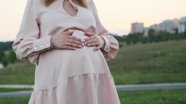 Mãe Expectante Ternamente Acaricia Barriga Crescente Antecipação Criança Mulher Fica — Vídeo de Stock