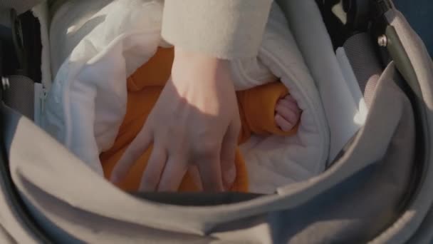 Pasgeboren Kind Ligt Kinderwagen Gekleed Heldere Kleding Met Kap Verpakt — Stockvideo
