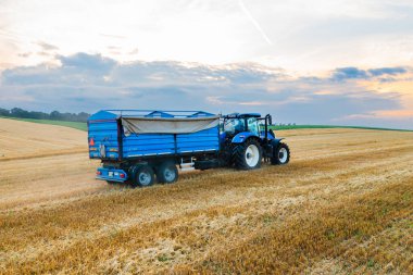 Mavi traktör, hasat edilen tarla boyunca ilerleyen bir römork eşliğinde..