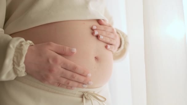 Έγκυος Γυναίκα Χαϊδεύει Στομάχι Της Ενώ Στέκεται Στο Παράθυρο — Αρχείο Βίντεο