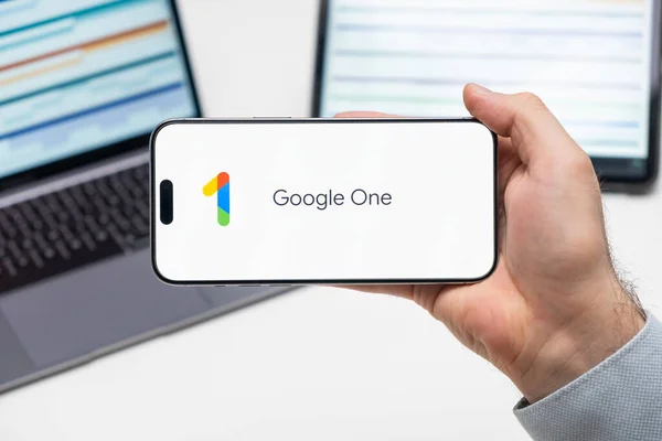 Google One Logo App Screen Mobile Phone Held Man Front Stock Image
