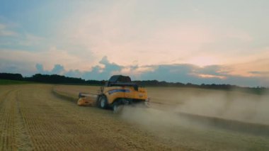 BERLİN, ALMANY - 15 HAZİRAN 2023: Toz bulutu ile birleştiren Azrail, tarımsal alan hava görüşünde çavdarı topluyor. Tarım makineleri, günbatımında üretilen gıda ürünleri için olgunlaşmış bitkileri hasat ediyor.