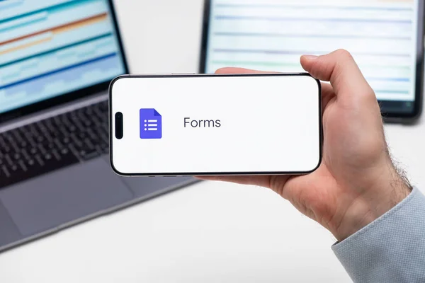 Forms Application Logo Screen Smart Phone Mans Hand Laptop Tablet Stock Picture