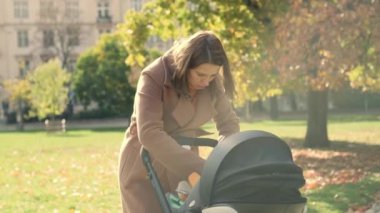 Düşünceli anne, bebekle bebek arabasında yürüyüşe çıkıp bebeğin temiz hava almasını ve güneşlenmesini bekler. Sonbahar parkında küçük bir ailenin yürüyüşü.