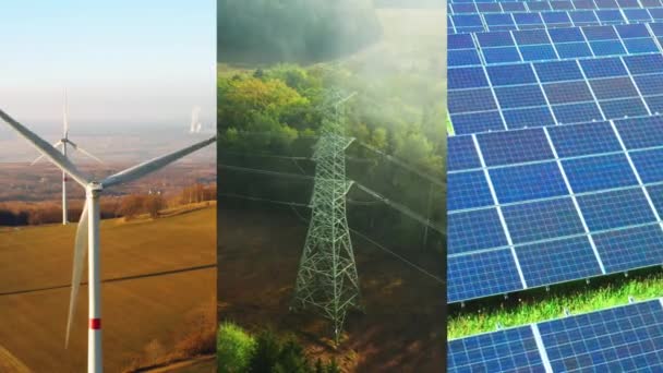 Odnawialny Kolaż Zielonej Energii Panelem Słonecznym Wiatrakiem Pylonem Wytwarzanie Energii — Wideo stockowe