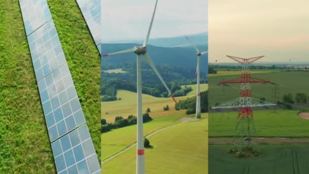 Kollage Vindkraftverk Solkraftverk Kraftledningar Begreppet Grön Energi — Stockvideo