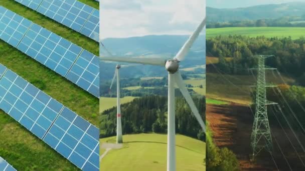 Collage Turbine Eoliche Centrale Solare Linee Trasmissione Energia Concetto Energia — Video Stock