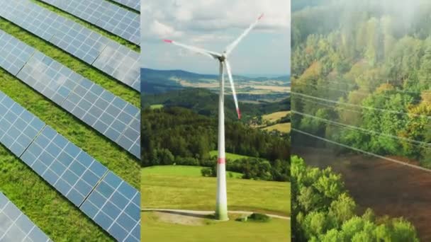 風力タービンのコラージュ 太陽光発電所 緑と再生可能エネルギーのための送電線 — ストック動画