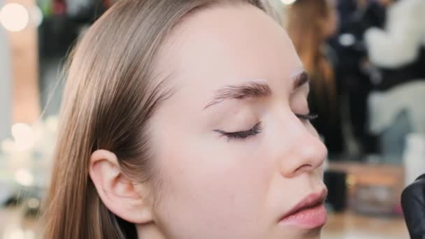 排骨专家在眉毛周围划出清晰的边界 美容师设计出完美的造型来增强女性客户的面部特征 — 图库视频影像