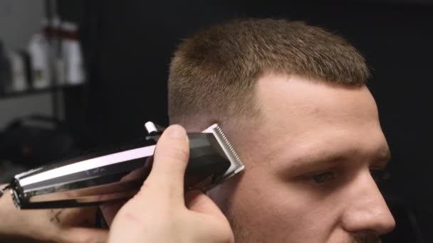 Barbeiro Barba Templo Homem Com Aparador Afiado Barbearia Profissional Closeup — Vídeo de Stock
