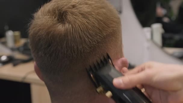 Barber Cuts Male Customer Hair Modern Trimmer Barbershop Closeup Professional — Stock Video