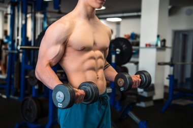 Spor salonundaki dambılları kaldırmayı unutma. Spor salonunda profesyonel vücut geliştirici bisepsleri.. 