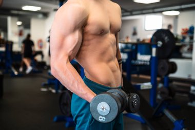 Bir adam spor yaparken biseps kıvrımlı bir halteri kaldırır.