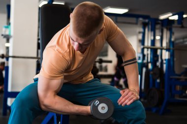 Erkek bir vücut geliştirici spor salonundaki bir bankta otururken bir halterle biseps kıvırır.