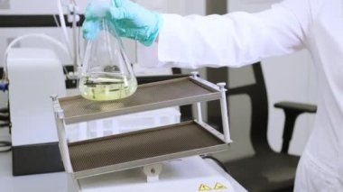 Lastik eldivenli kimyager laboratuardaki karıştırıcıya örnek yerleştiriyor.