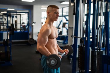 Vücut geliştiren biri spor salonunda halterle biseps egzersizi yapar.