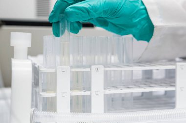 HPLC sistemine bağlı bir kesir toplayıcısına tüpler yerleştiren bir kadını kapat