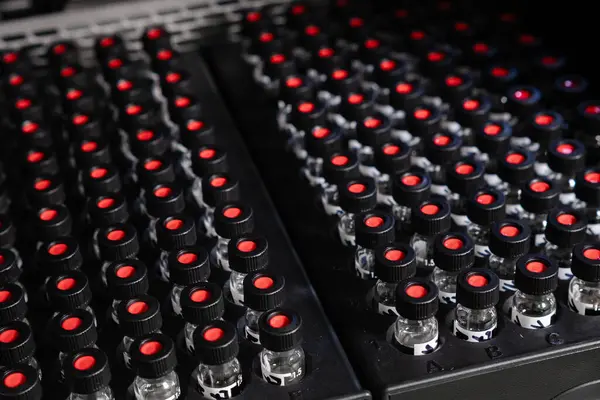 stock image Samples in glass vials with black caps are awaiting analysis in the autosampler of the HPLC system