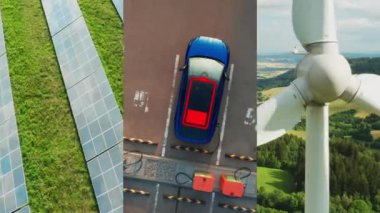 Güneş panelleri kolajı, sokaktaki EV şarj istasyonları ve rüzgar türbinlerinin hepsi yeşil enerji üretimi ve tüketimine katkıda bulunuyor