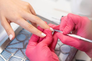 Tırnak teknisyeni güzellik salonundaki manikür seansında bir tabakayı düzleştirmek için jel cilası sürüyor.