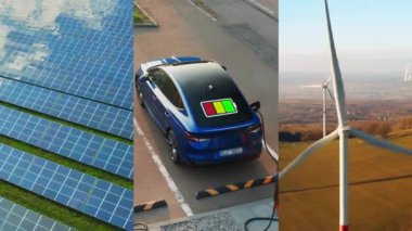 Güneş enerjisi santralli yenilenebilir enerji sistemlerinin video kolajı, elektrikli araba şarjı, rüzgar türbinleri