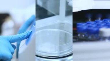 Santrifüj kullanan bir bilim laboratuarından video kolajı, reaktörleri tartmak için denge, otomatik numuneler ve cam şişelerle HPLC analizi. 