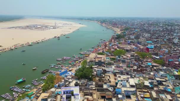 Aerial View Ganga River Ghat Varanasi India — Stock Video