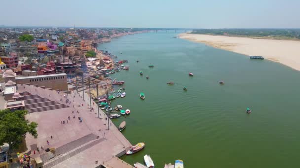 Aerial Syn Ganga Floden Och Ghat Varanasi Indien — Stockvideo