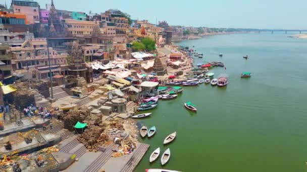 Vue Aerial Rivière Ganga Ghat Varanasi Inde — Video
