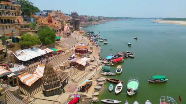 Aerial View Ganga River Ghat Varanasi India — Stock Video