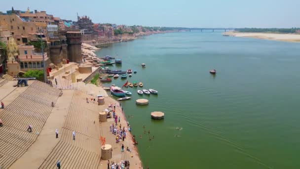 Aerial Pohled Řeku Ganga Ghat Varanasi Indie — Stock video