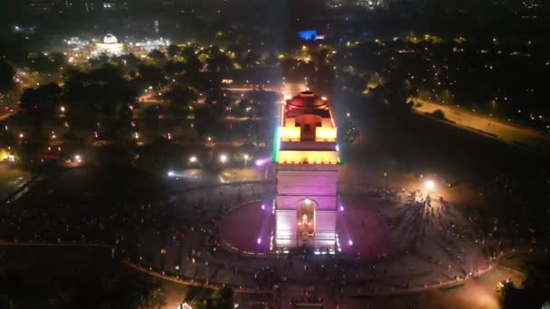 India Gate Natt Flygfoto Från Drönare — Stockvideo