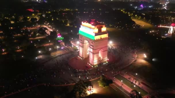 India Gate Nacht Luftaufnahme Von Der Drohne — Stockvideo