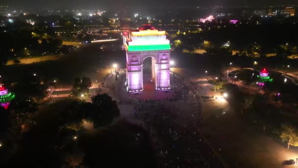 Índia Gate Night Vista Aérea Drone — Vídeo de Stock