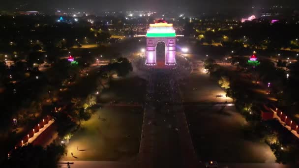 Índia Gate Night Vista Aérea Drone — Vídeo de Stock