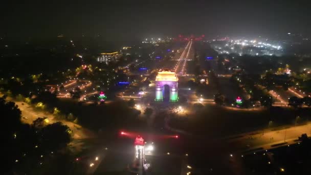 India Gate Nacht Luchtfoto Van Drone — Stockvideo