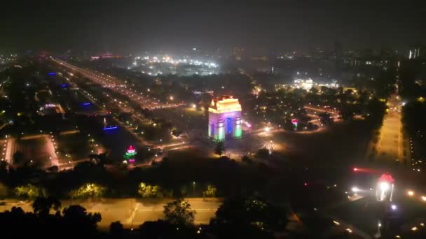 India Gate Night Widok Lotu Ptaka — Wideo stockowe