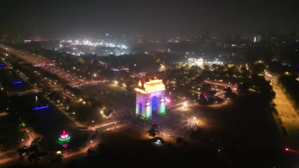 India Gate Nacht Luchtfoto Van Drone — Stockvideo