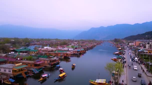 Srinagar Jammu Kashmir Hindistan Mart 2023 Dal Lake Drone Manzarası — Stok video