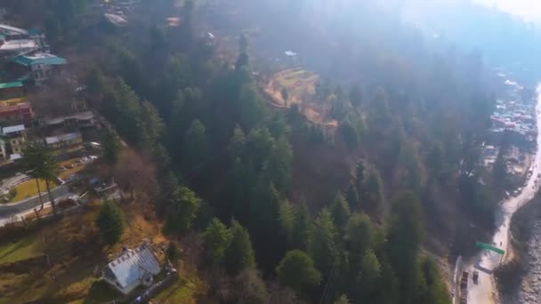 Letecký Pohled Citi Manali Horské Zeleně Krajina Zasněžené Kopce Kokser — Stock video